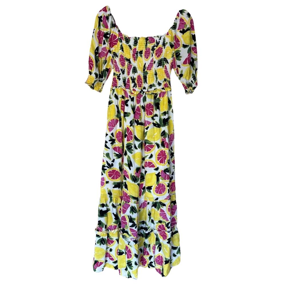 Steve Madden Floral Fruit Print Tiered Yellow Maxi Dress Sz S Boho Cottagecore